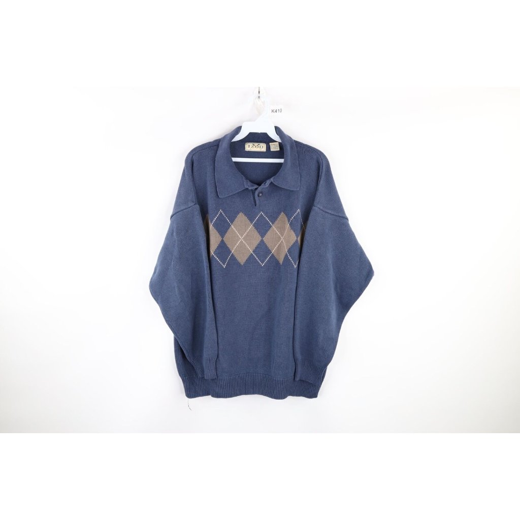 Vintage 90s Streetwear Xl Faded Argyle Cotton Knit Collared Pullover Sweater